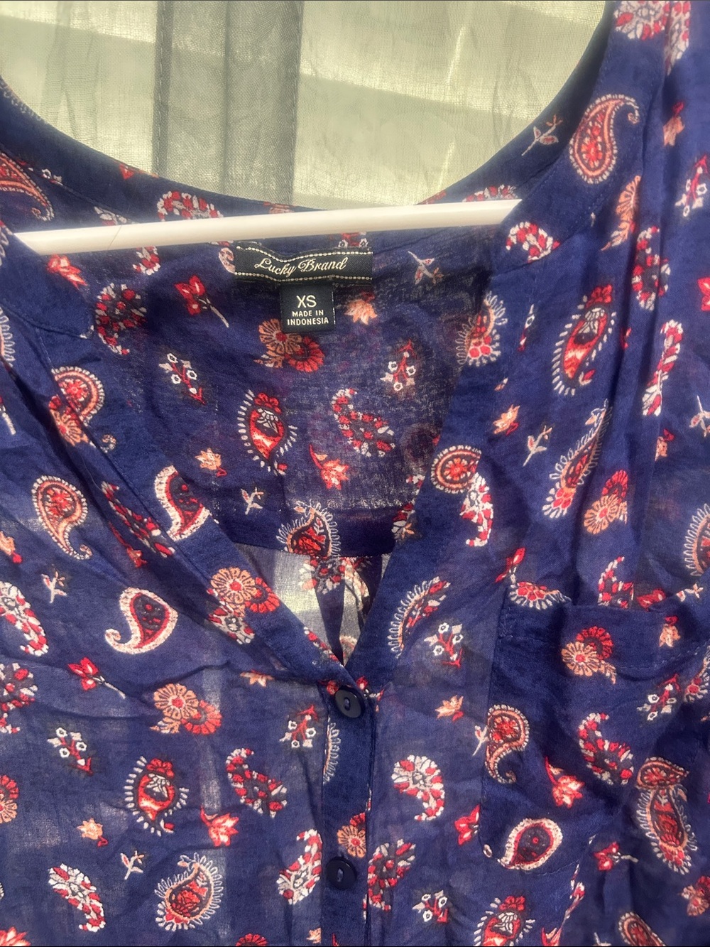 Lucky Brand Navy Paisley Button-Up Top with Red and Cream Accents